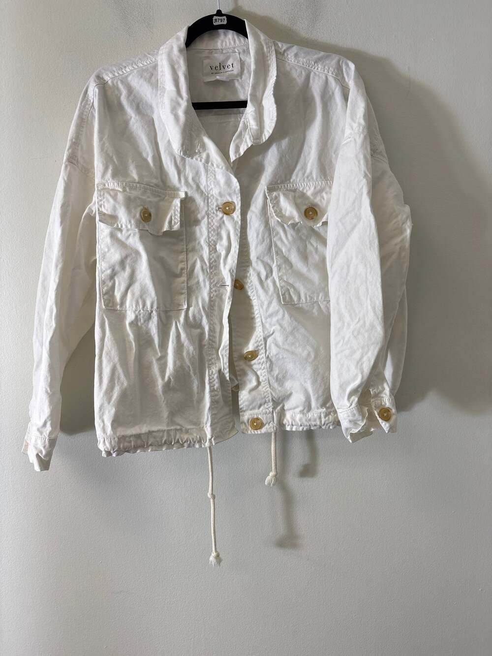 Velvet White Button Up Drawstring Waist Jacket Sz M